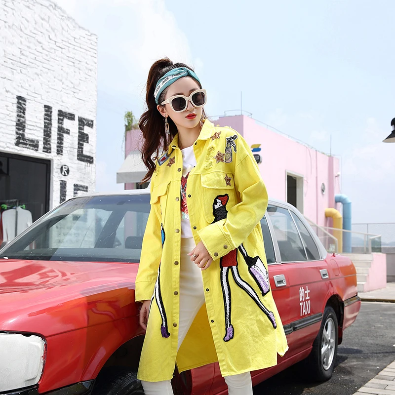 Женский Осенний хлопковый джинсовый Тренч желтое повседневное винтажное пальто