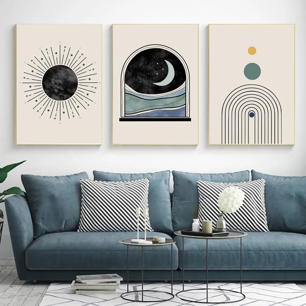 

Abstract Sun Moon Poster Mid Century Modern Illustration Canvas Paintings Gallery Neutral Wall Pictures Living Room Decor