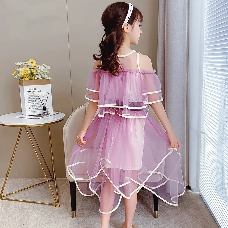 

T-Shirt+Skirts Chiffon Green 2Pcs Sets Age For 4 - 14 Yrs Teenage Girls Back To School Outfits 2021 New Summer Children Clothes