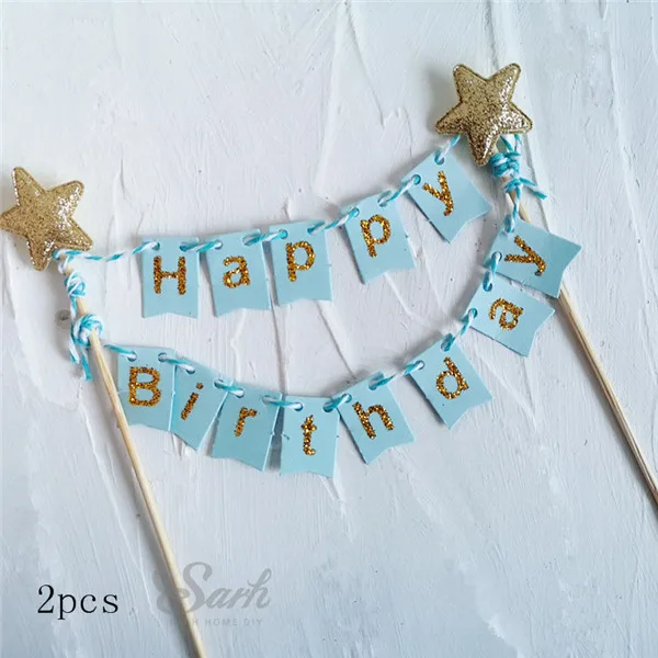 2pc birthday Принц лиса Золотая голубая звезда сердце Корона "с днем рождения" торт Топпер для вечерние украшения выпечки Suplies ребенок мальчик Любовь Подарки - Цвет: 2pc birthday