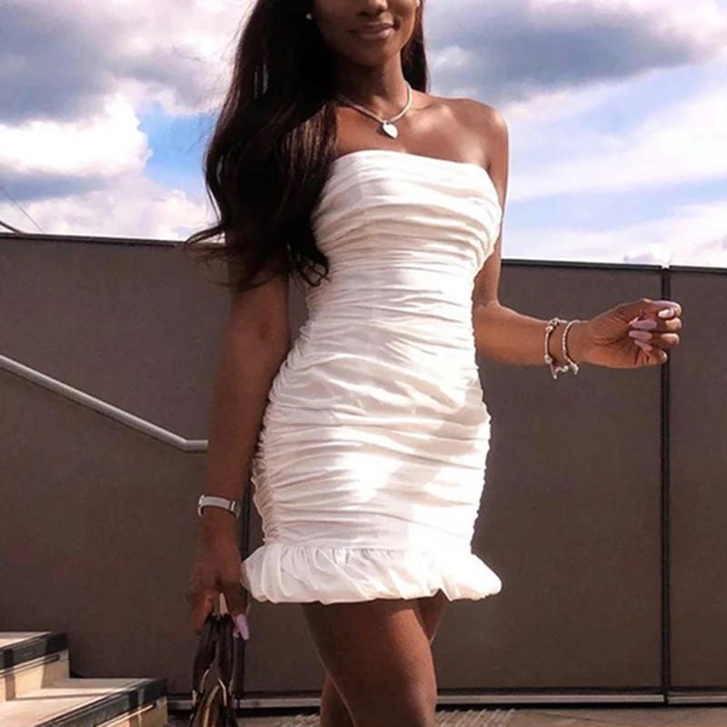 

New Double Layers White Summer Dress 2020 Women Strapless Ruched Bodycon Dress Elegant Club Sexy Party Night Dress Tight Dresses