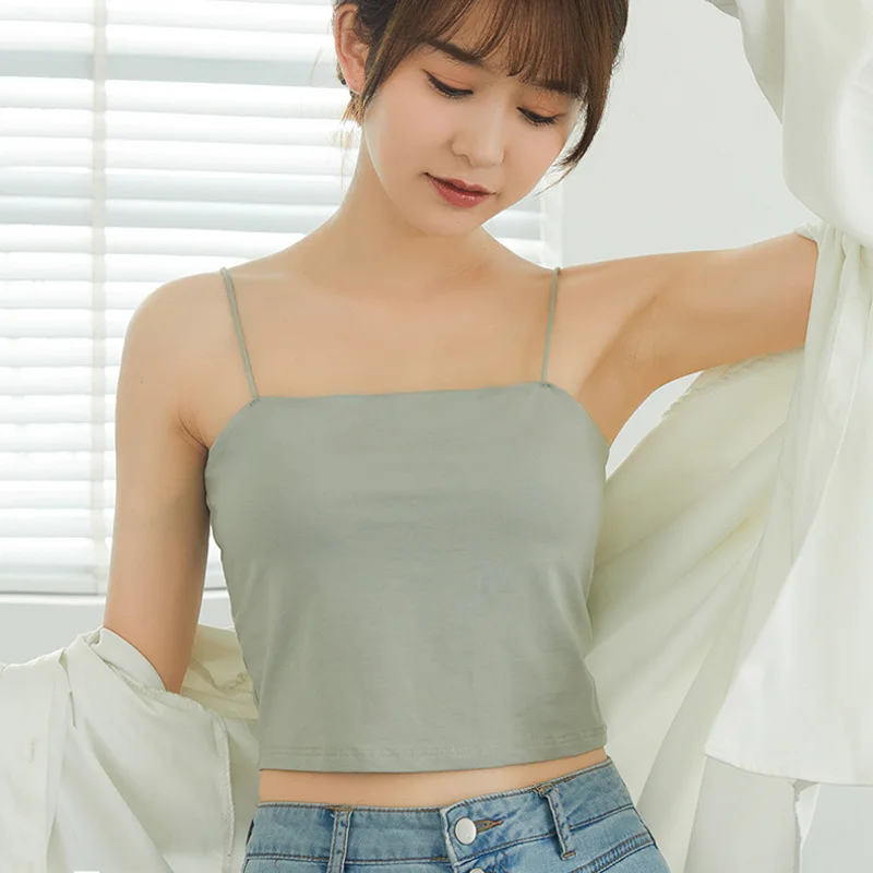 

With Chest Pad Crop-Top Spaghetti-Strap Sexy Women's off-Neck Black with Thin Shoelaces Bra Cup Integrated Outer Wear Bottoming