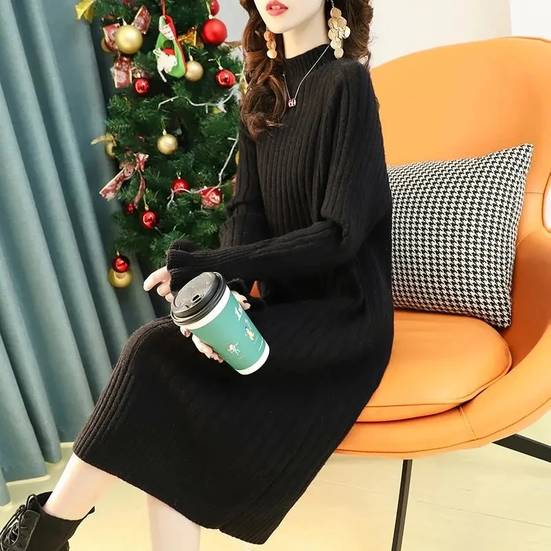 

Korean Style Half High Collar Solid Color Knee-Length Knitted Dress Fashion Loose Elastic Long Sleeve Pullover Dresses Women