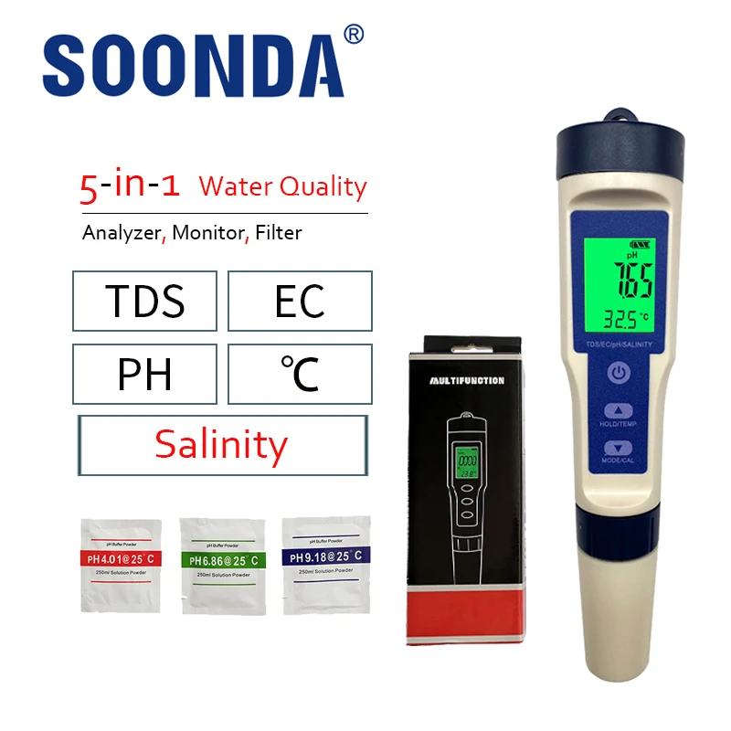 

5-in-1 PH/TDS/EC/Temperature Salinity Tester Meter For Drinking Water,Pools,Aquariums Quality Analyzer Monitor Filter Rapid Test