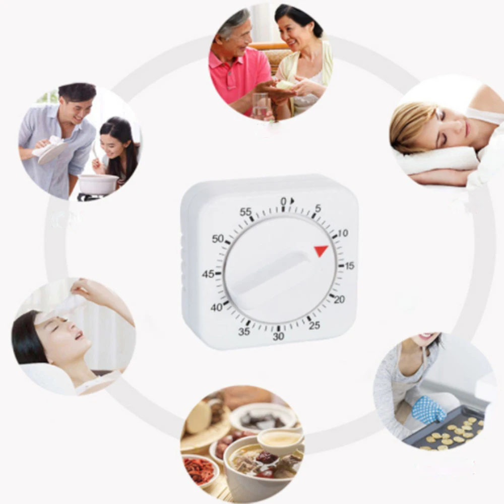 

60 Minutes Kitchen Timer Count Down Alarm Reminder White Square Mechanical Timer for Home Baking Tools