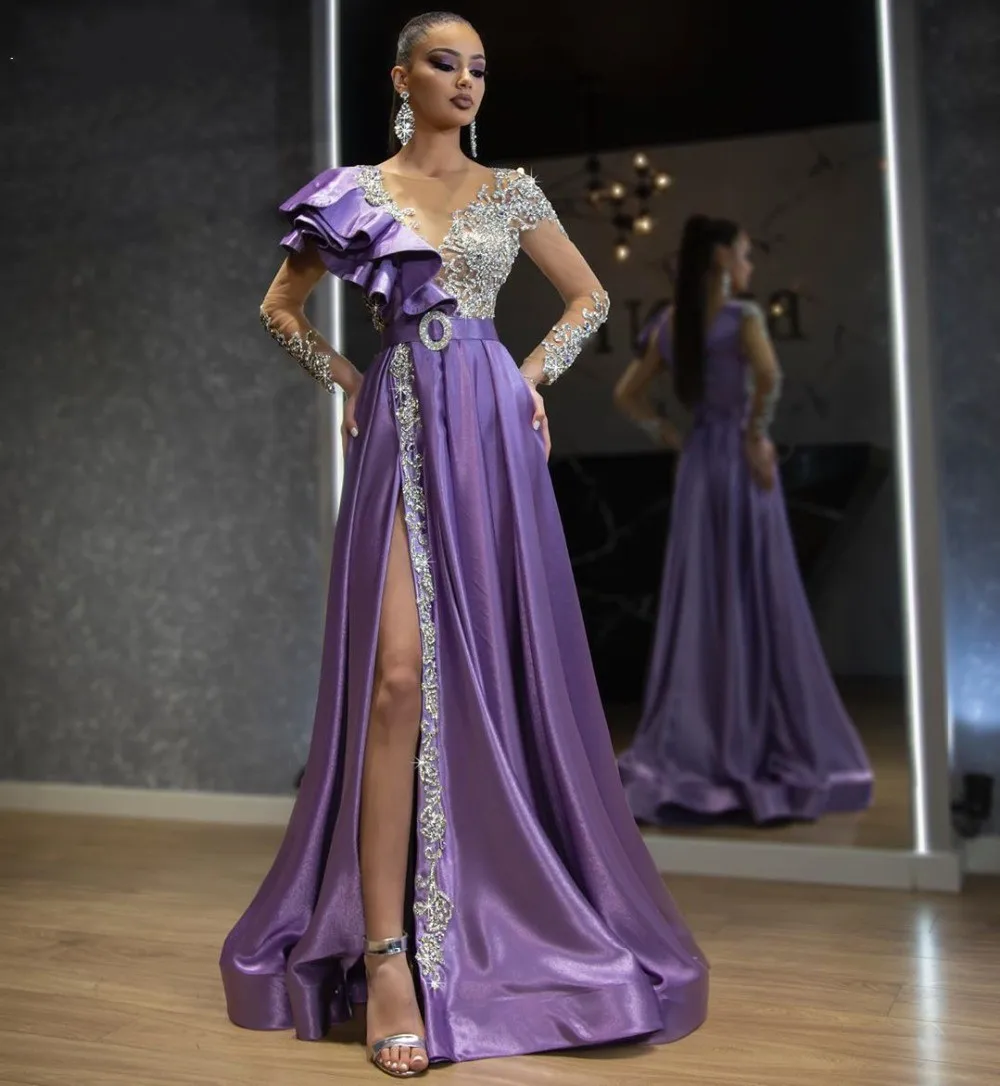 

Saudi Arabic Evening Dress Beads Crystal Evening Dresses vestidos de fiesta de noche Purple Gorgeous Formal Dress Illusions Slit