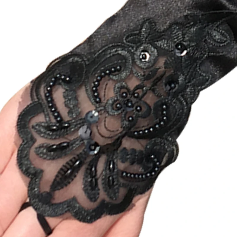 

Fashion Women's Lace Long Gloves Black Beading Stretch Fingerless Embroidered Female Gloves Retro Gothic Party Costumes