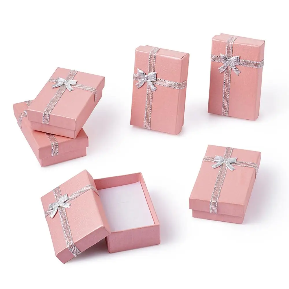 

24pcs Cardboard Jewelry Set Boxes for Necklaces and Pendants Rectangle Pink Gift Box with Bowknot and Sponge Inside 80x50x25mm