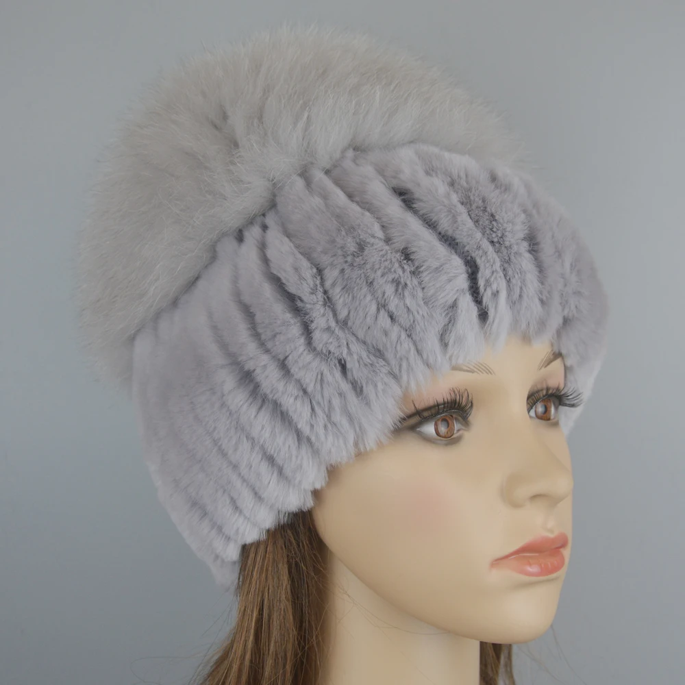 

Russia New Style Women Real Genuine Fox Fur Beanies Hat Girls Natural Real Rex Rabbit Fur Skullies Cap Knit Winter Real Fur Hats