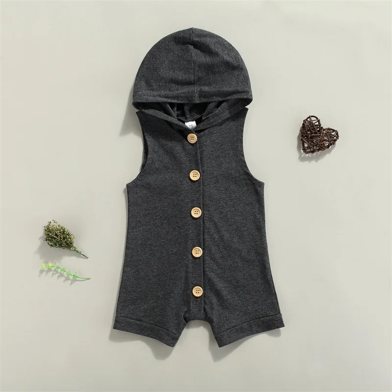 

2021 Summer Baby Girls Boys Romper Infant Fashion Solid Color Hooded Sleeveless Button Jumpsuit Toddlers Playsuit