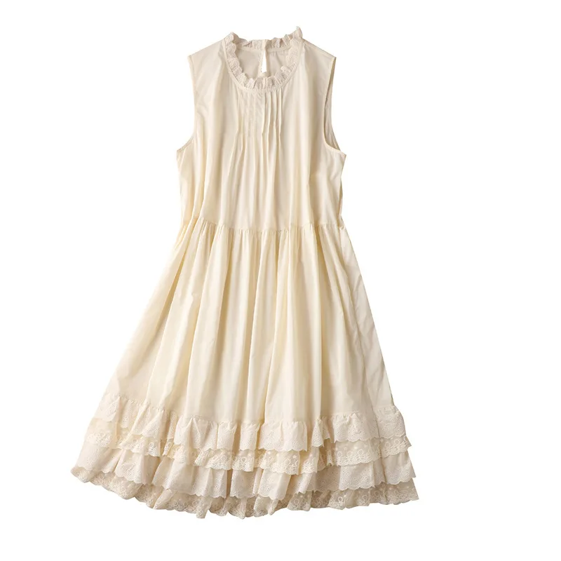 

Shuchan Summer Dress Women Lolita Style Cotton Lace A-Line Sleeveless Tank Dresses Ruffles Korean Dress 2021
