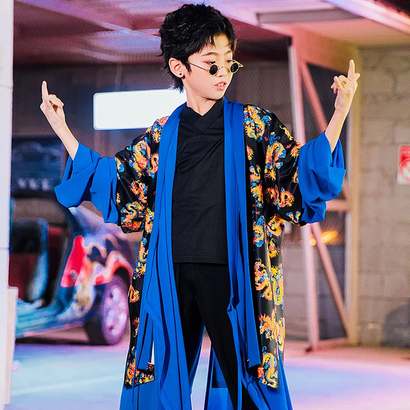 

Girls Jazz Dance Costumes Blue Oriental Traditional Clothes For Kids HipHop Suit Boys Girls Street Dance Festival Outfit