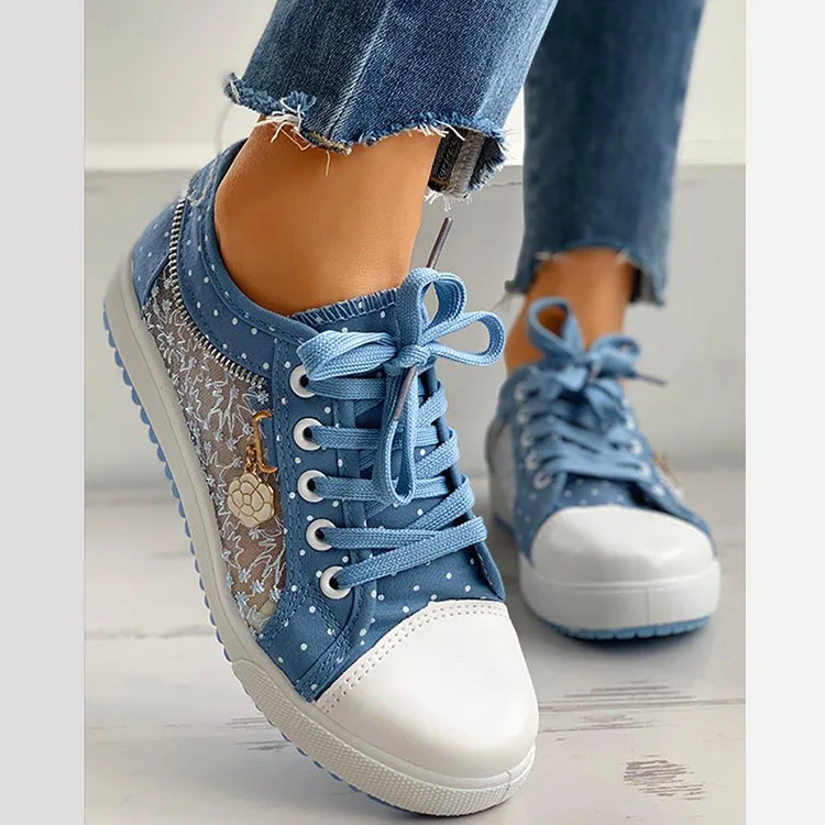 

Canvas shoes for women lace up casual comfortable Floral Pattern Embroidery Dot Print Sneakers