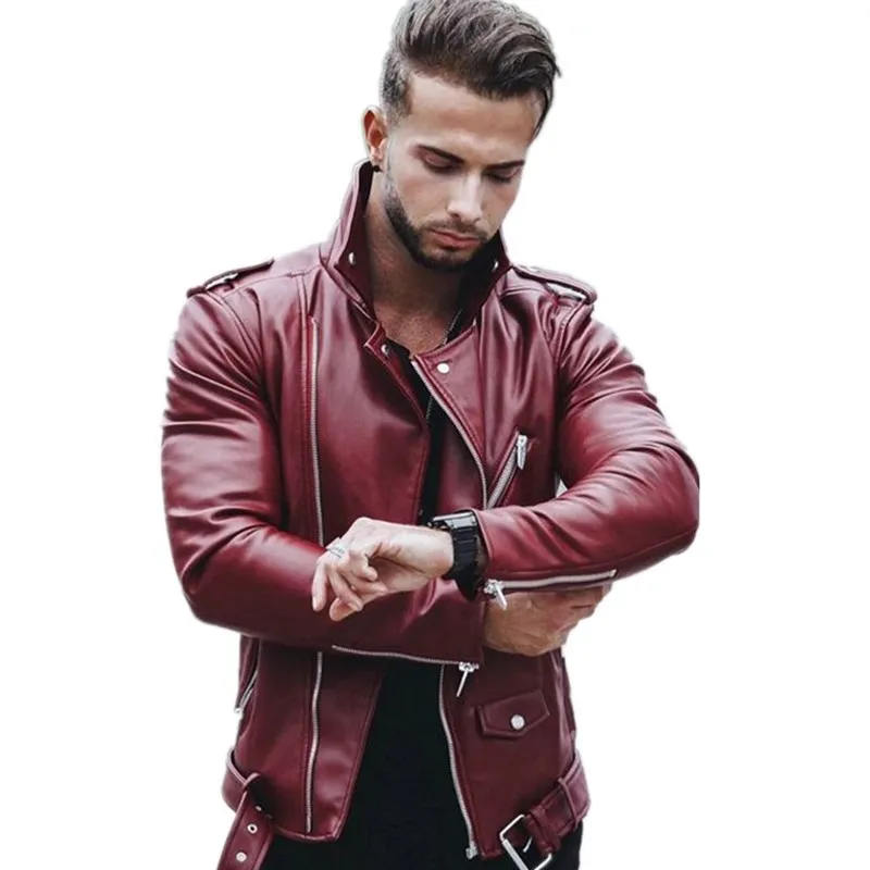 Куртка мужская из искусственной кожи на молнии повседневная приталенная для