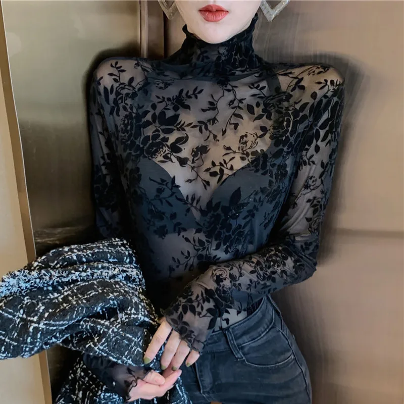 

2021 Autumn New Floral Screen Lace Shirt Perspective Shirt Long Sleeve T-Shirt Vintage Turtleneck Tops