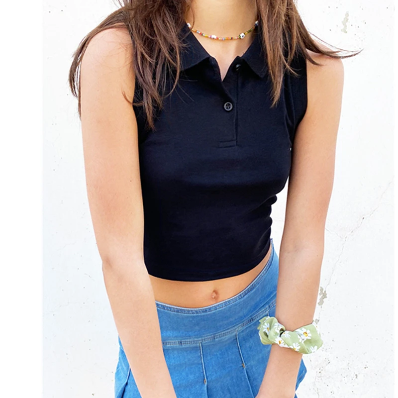 

Summer Clothes Ladies Buttons Lapel Vest Casual Solid Color Sleeveless V Neck Slim Fit Crop Tops Women Streetwear
