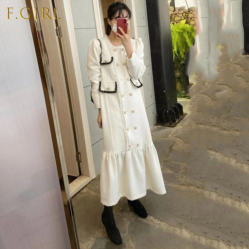 

Женское твидовое платье в стиле ретро, двубортное свободное платье с квадратным вырезом, карманами и пышными рукавами, Осень-зима 2021