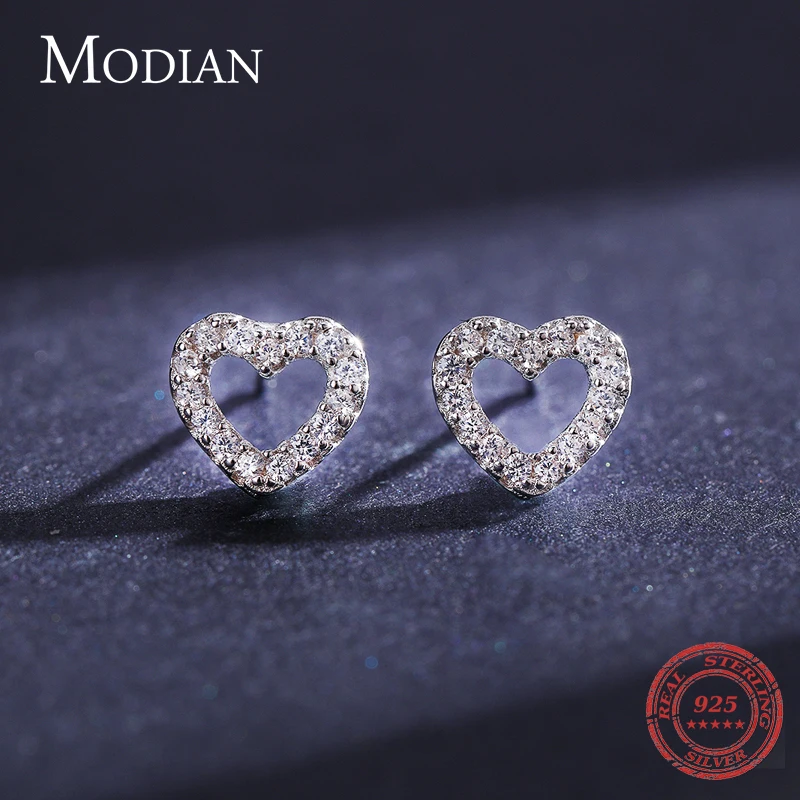 Modian Authentic 925 Sterling Silver Stud Earrings for Women Romantic Heart Shiny Clear CZ Wedding Engagement Jewelry | Украшения и