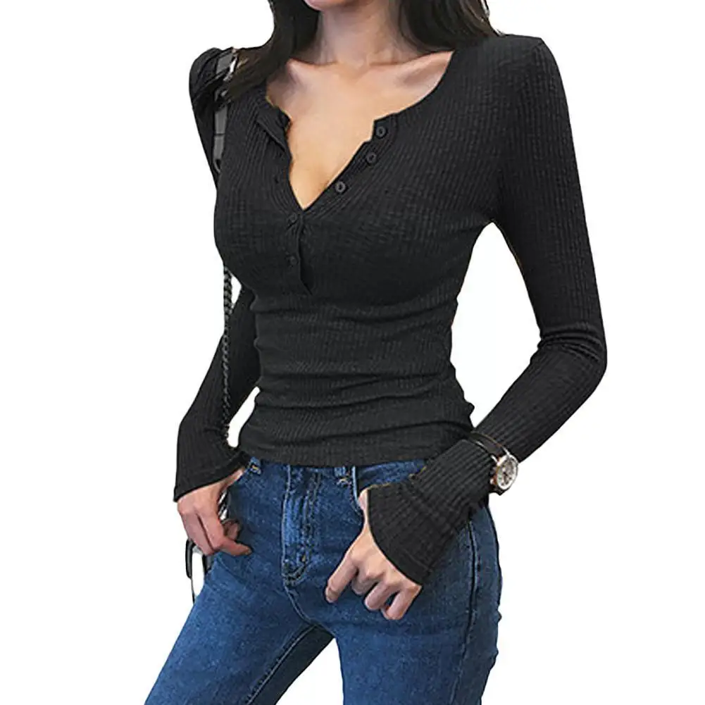 Женская трикотажная футболка с V-образным вырезом длинным рукавом | одежда