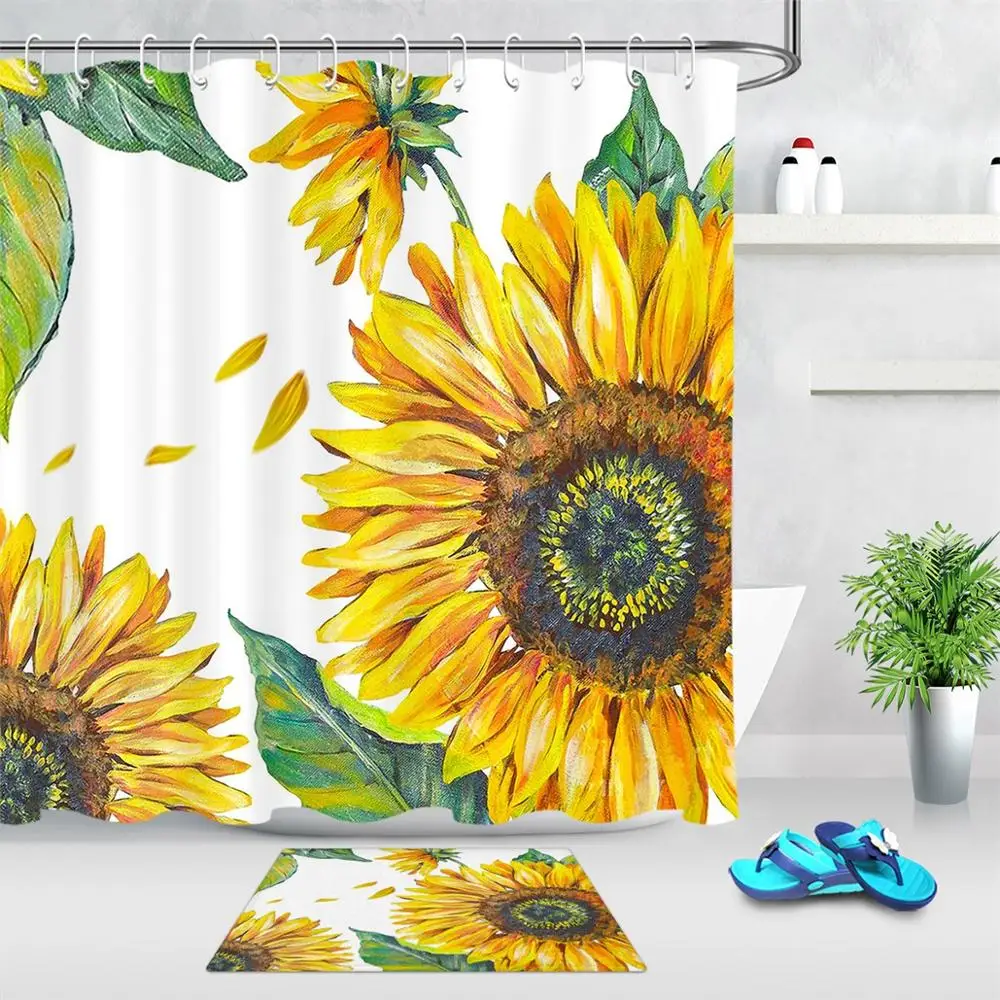 

Занавеска для душа из полиэстера, желтая, акварельная, с цветочным декором