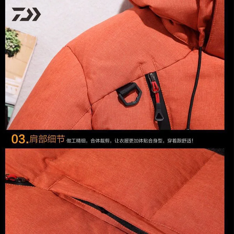 

2021 New Daiwa Fishing Clothes Down Jacket Zipper Fashion Thick Autumn Winter Fishing Clothing Windproof Men Hooded Fishing Wear