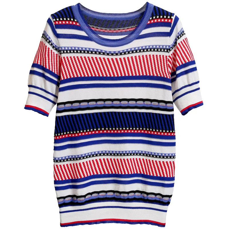 

HLBCBG 2021 Summer Knitted Striped Top High Quality Women's O-Neck Short Sleeve T Shirt Female Pullover Tops