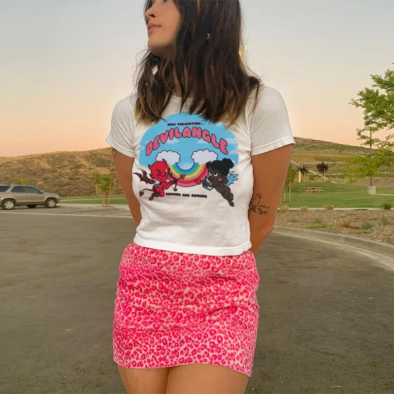 

Женская футболка с принтом дьявола ангела, повседневный облегающий кроп-топ с коротким рукавом и круглым вырезом, одежда для женщин, Новое п...