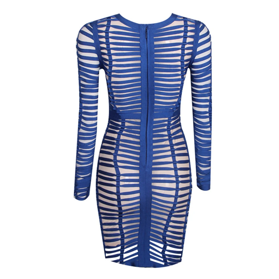 Модное Сетчатое строченное синее Полосатое Бандажное платье женское