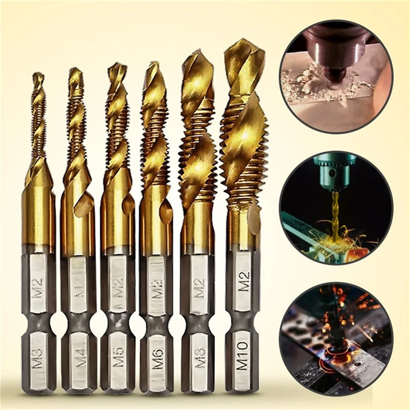 

6Pcs Composite Taps Metric Combination M3-M10 1/4" Hex Shank Drill Tapping And Chamfering Integrated Screw Tap Drill Bit