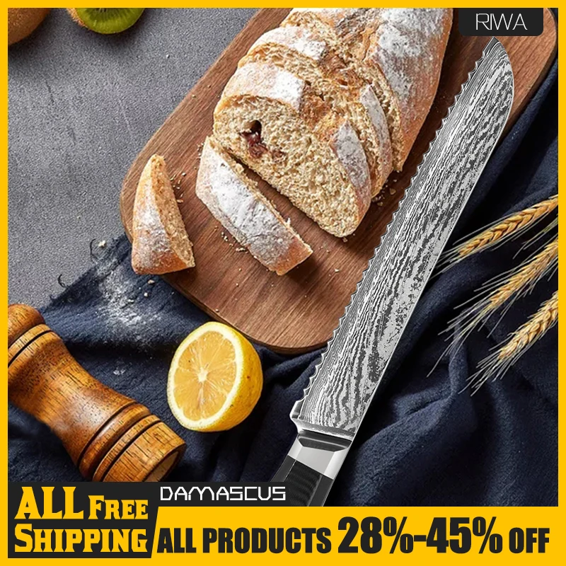 

Japanese Damascus Stainless Steel Serrated Bread Kitchen Knives Serrated Design Cutter For Cutting Bread Cheese Cake Knife G10