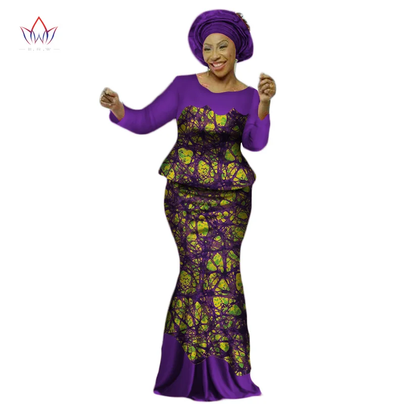 Africa Style Bazin Riche Dresses for Women Two Pieces Set Long Sleeve Tops and African Print Skirt Plus Size WY2454|bazin riche dress|bazin richerich