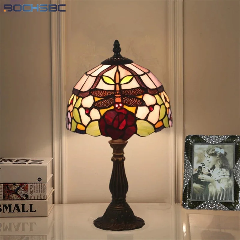 

BOCHSBC Tiffany Style Table Lamps Rose Dragonfly Stained Glass Lampshade Alloy Base Home Decor Desk Light Handcraft Artwork 8”