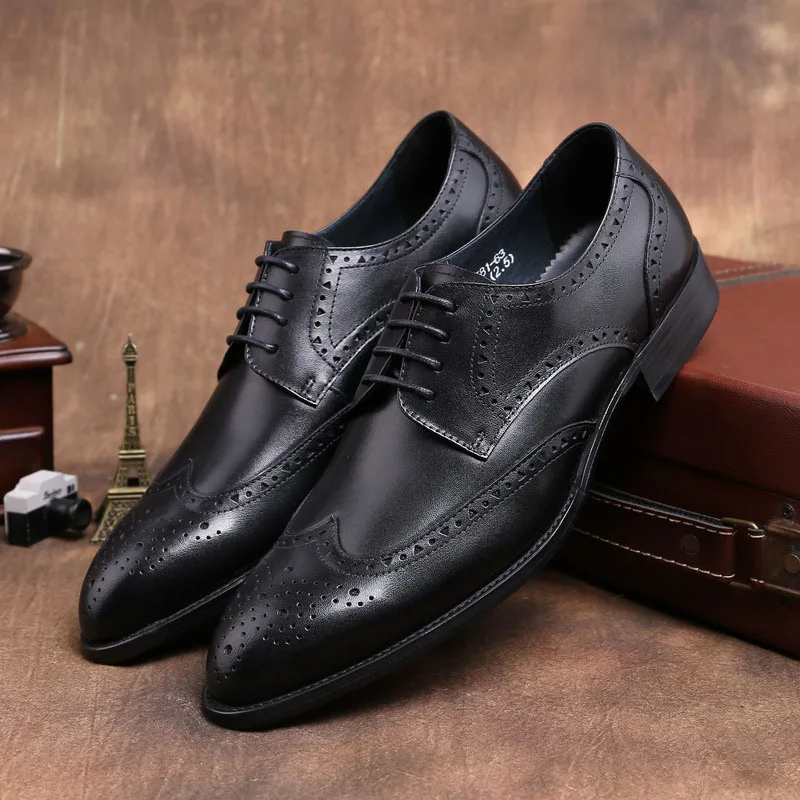 

Luxury Classic Mens Brogue Oxfords Dress Shoes Genuine Cow Leather Pointed Toe Lace Up Formal Footwear Wedding Party Shoes B23
