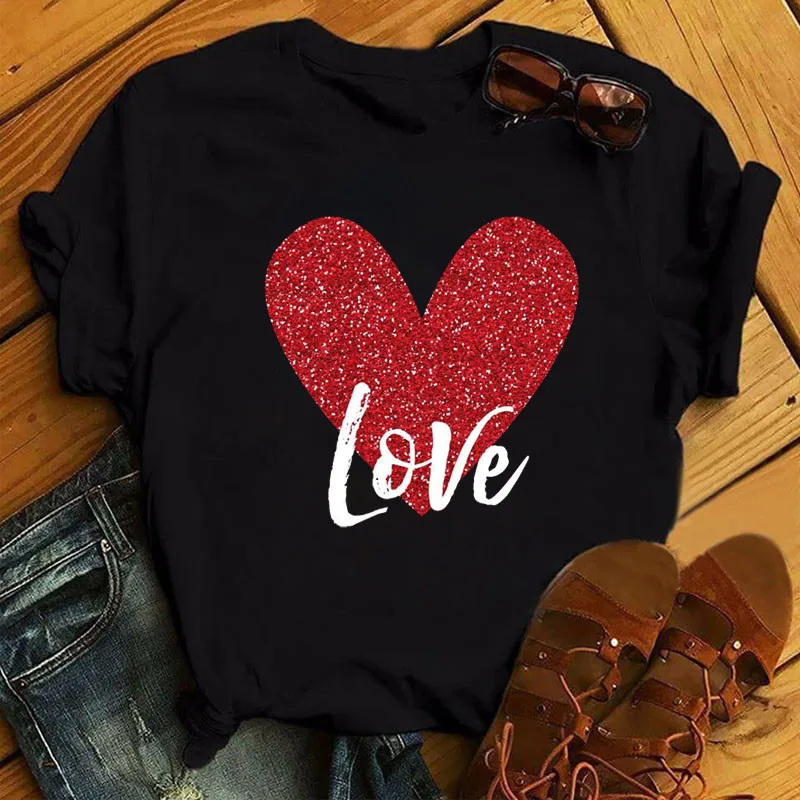 

New Love Print T Shirt Women Fashion Short Sleeve Female Cute Graphic Tee Shirt 90s Ladies Casual Loose Tops Korean Style Tees