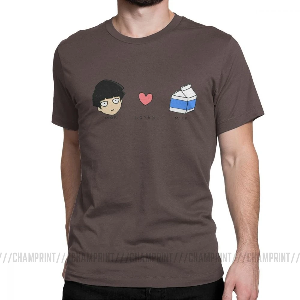Mob Loves Milk Mob Psycho 100 футболки мужские хлопковые новые футболки с круглым вырезом футболка с коротким рукавом Одежда с принтом - Цвет: Коричневый