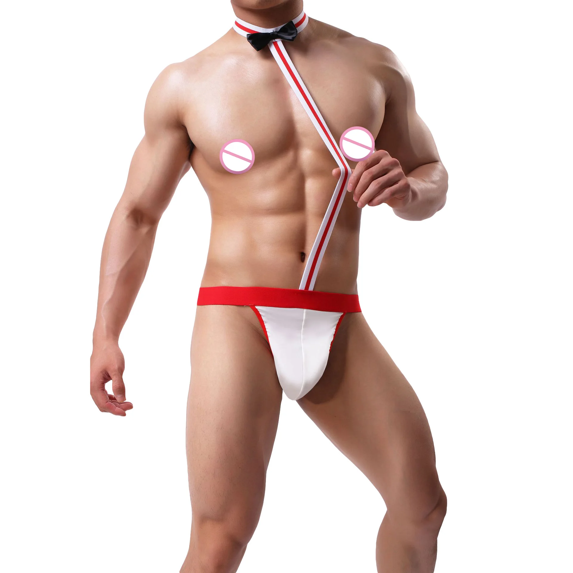 Манкини воротник галстук-бабочка стринги Костюм Тедди для мужчин красный черный