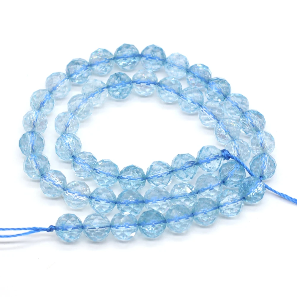 Natural Stone Blue Topazs Quartz Beads Faceted Round Scattered Beads for DIY Necklace Bracelet Making Jewelry Findings Gift 14''