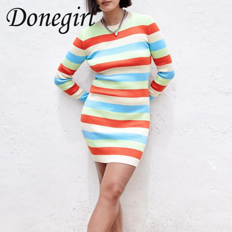 

2021 New Autumn Winter Women Round Neck Sexy Knit Bodycon Mini Dress Vintage Fashion Stripe Long Sleeve Slim Party Dresses ZA