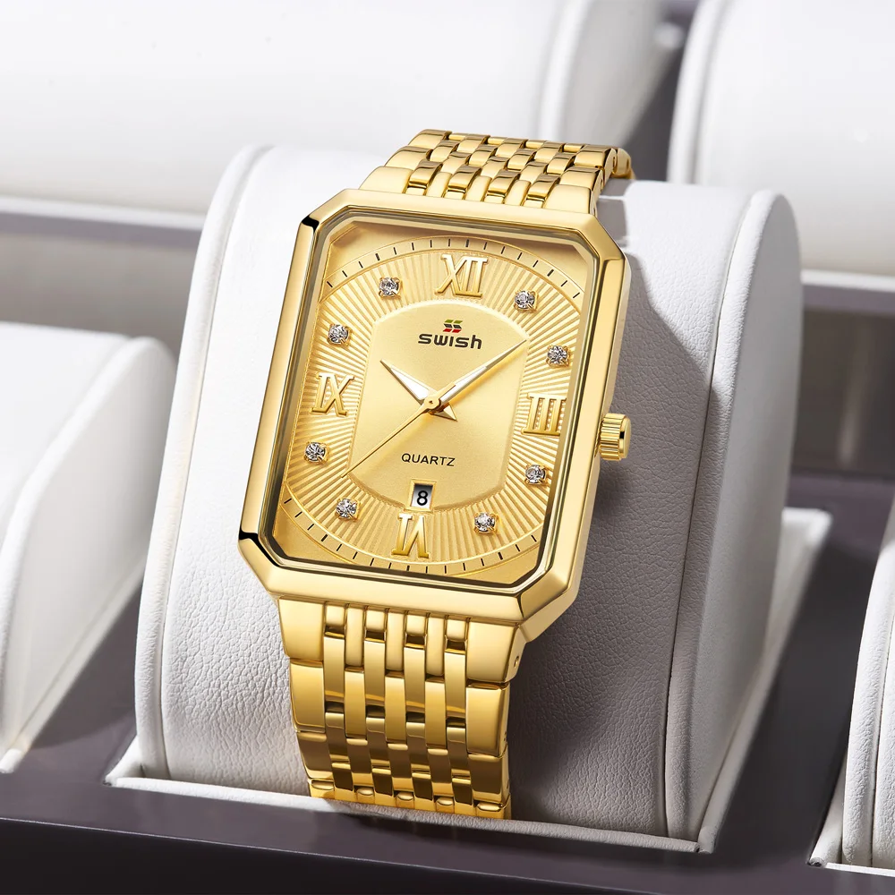 Часы наручные мужские кварцевые роскошные золотистые брендовые дизайнерские