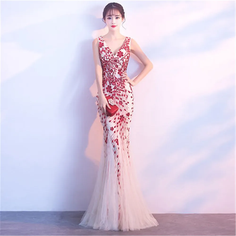 

V-Neck Mermaid Chinese Sexy Oriental Party Female Sequins Cheongsam Stage Show Qipao Dress Elegant Celebrity Banquet Dresses