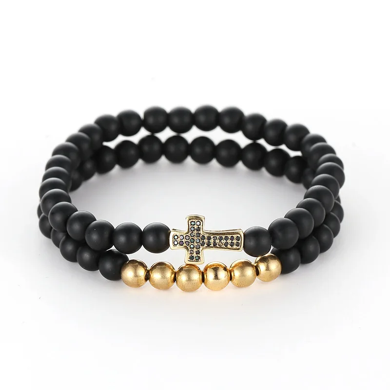 

fashion Charm Gold Copper Micro Set Cross Color Zircon 6mm Black Abrasive Fashion Bead Bracelet for Men Accessories Jewelry
