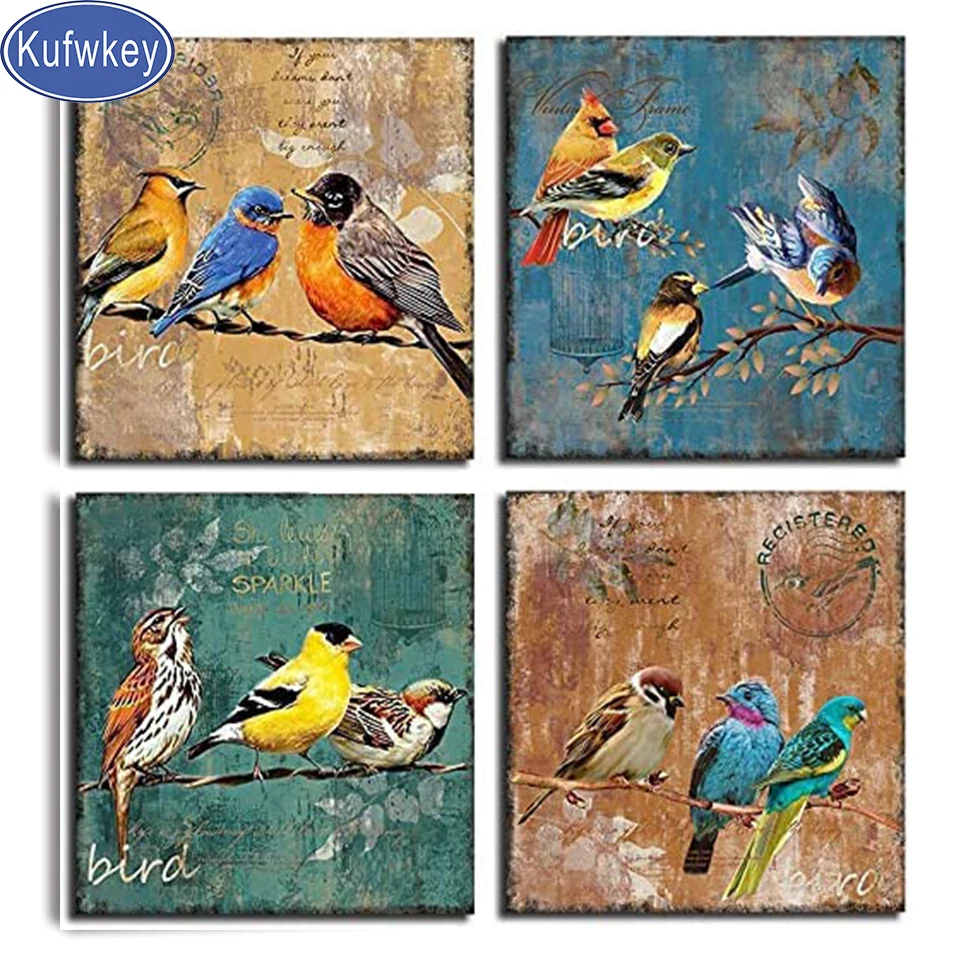 

5d Crystal diamond Vintage Birds Diy Diamond painting full Square/Round Drill embroidery Diamond mosaic 4 Pcs/set,
