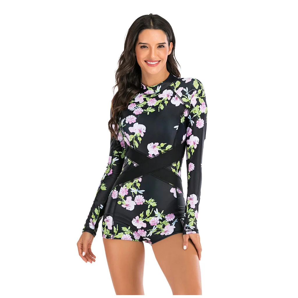 Water Sports rashguard Swimsuit Women Long Sleeve One Piece Floral Print Patchwork Swimwear For Swimming Diving Snorkeling | Спорт и
