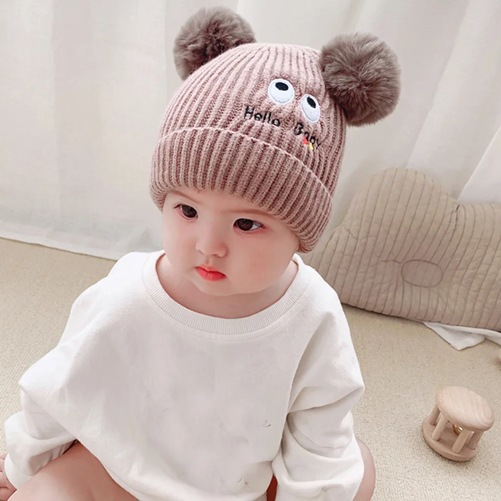Newborn Infant Hat Baby Boys Girls Winter Warm Cotton Knit Crochet Letter Print Pompon Beanie Cap For 0-2 Years Kids Hats | Детская