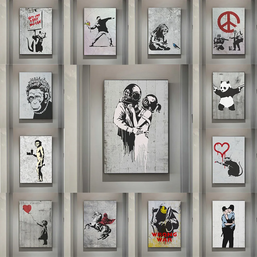

Banksy Graffiti Artwork Canvas Painting Girl With Red Balloon Poster Black White Abstract Wall Pictures for Nordic Home Decor