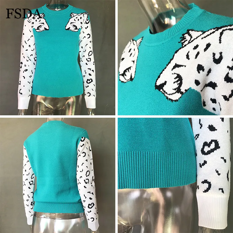 FSDA Leopard Printed Women Sweater Knitted Autumn Winter Pullover Casual Loose O Neck Black Green Gray Female Jumper | Женская одежда