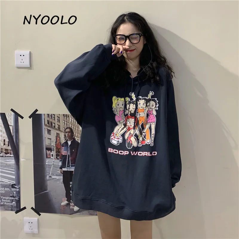NYOOLO Harajuku мультфильм девушки печати толстовка осень уличная одежда с длинным рукавом пуловер с капюшоном свитер женская одежда верхняя одежда