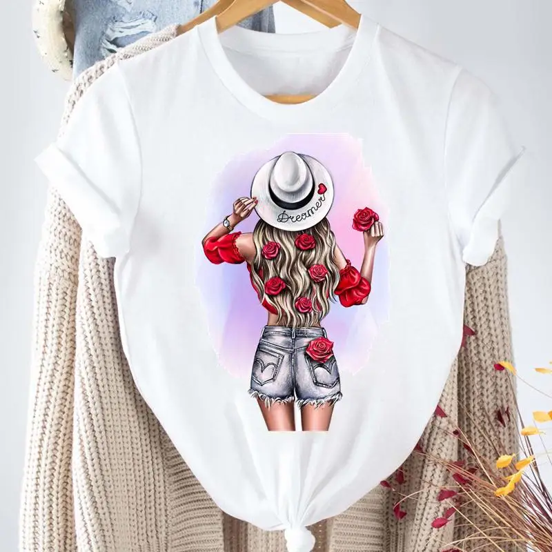 

Women Printing Clothes Tops Tshirt Fashion Short Sleeve Flower Watercolor Ladies Cartoon Print Female Graphic Tees T-Shirt