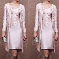 latest arrival short pearl pink two pieces mother of the bride dresses with coat appliqued wedding party gowns long sleeves