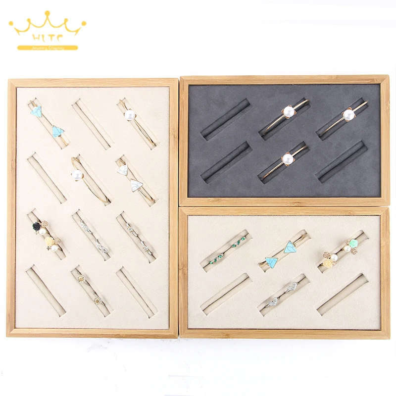 

6/12 Grids Bamboo Wood Velvet Jewelry Ring Fine Silver Bracelet Collection Storage Showcares Press on Nail Packaging Display